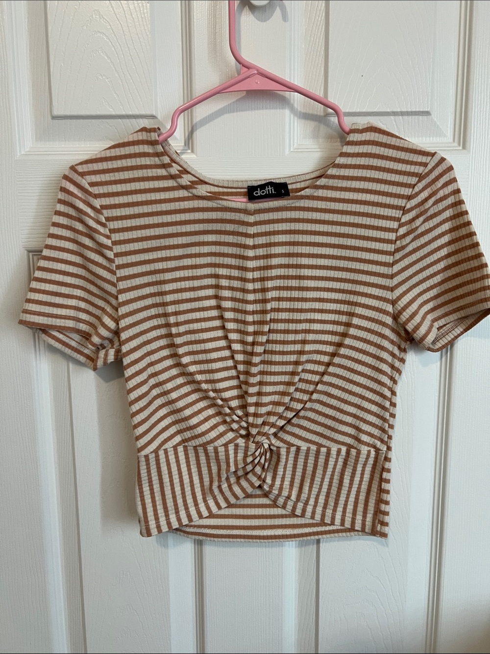 Dotti Tan & White Striped Knot-Front Crop Top